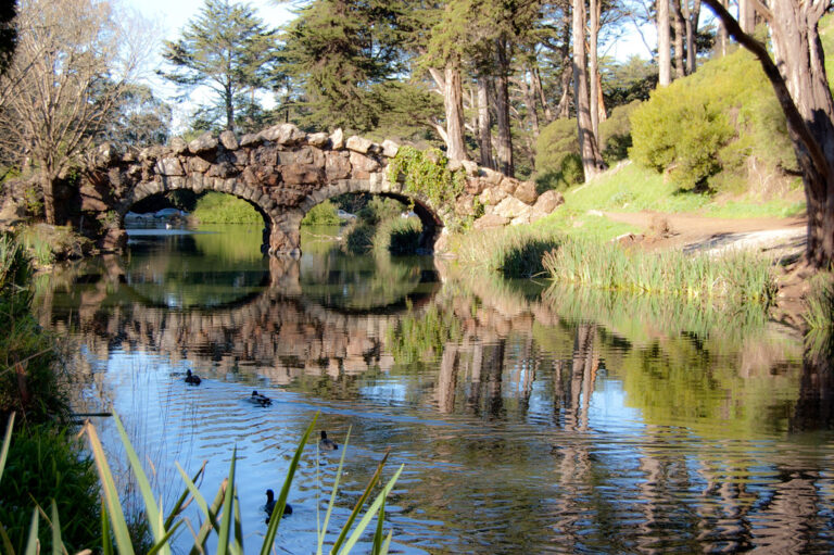 Stone bridge at Blue Heron Lake, formerly Stow Lake, in San Francisco